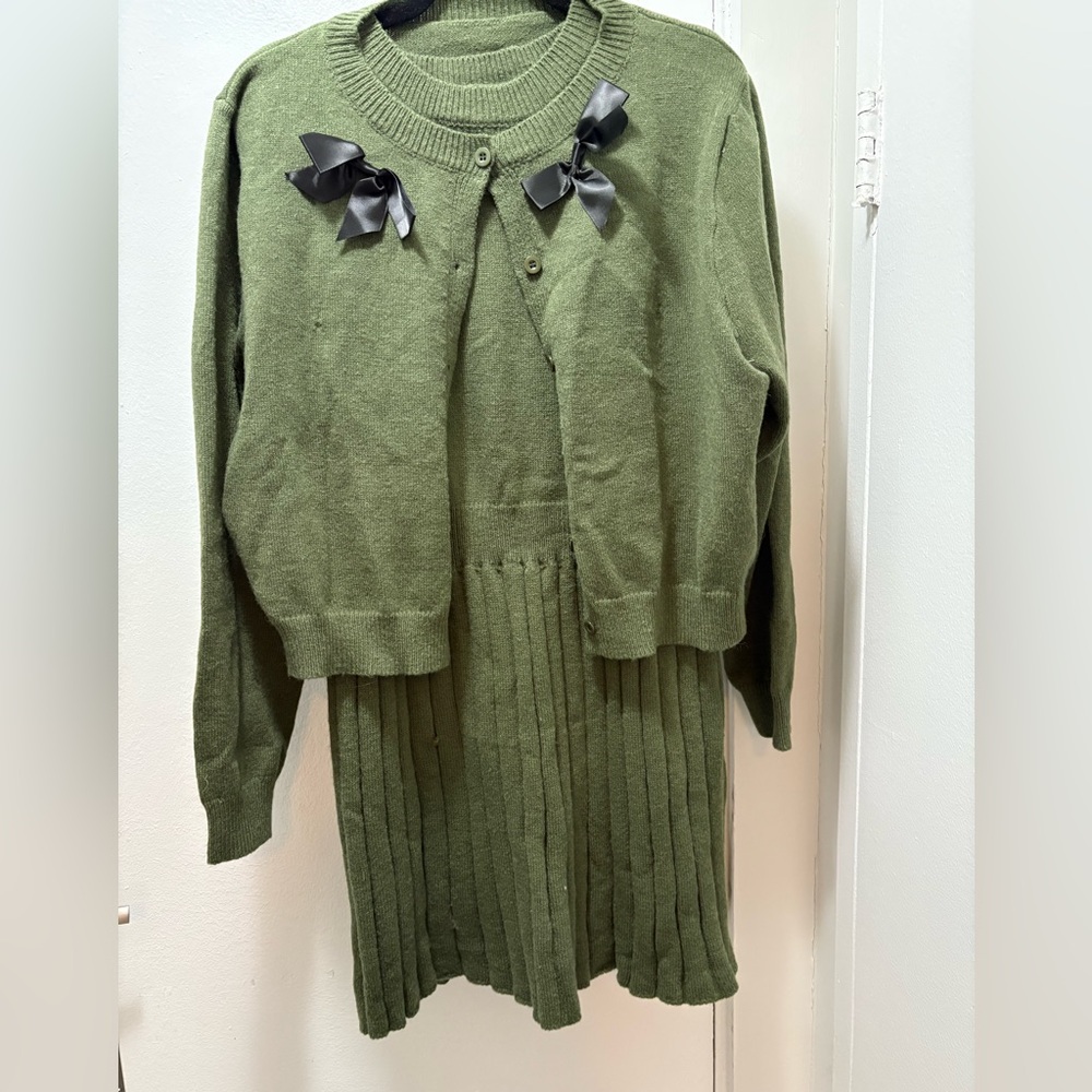 Green Knit Dress and Cardigan Set with Black Bows